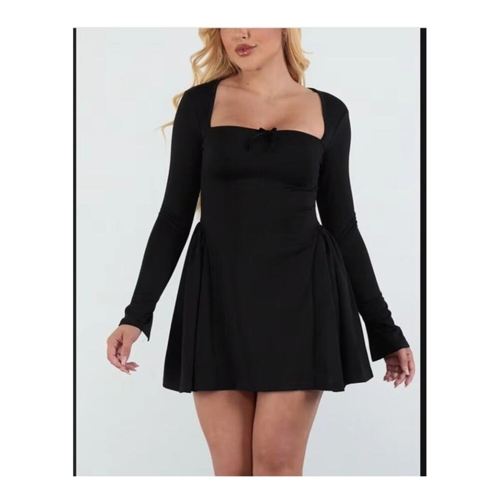 SHEIN Square Collar Long Sleeve A Line Mini Dress Black Size M